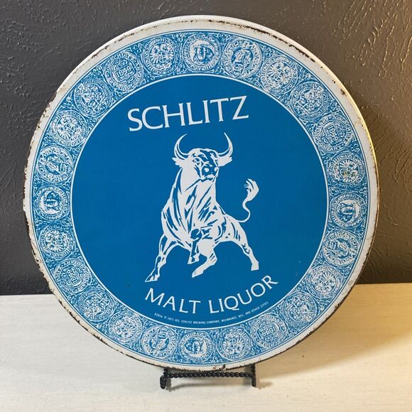 Vintage 1971 Schlitz Malt Liquor Beer Metal Serving Tray Milwaukee Wi Bull Logo - Picture 2 of 4